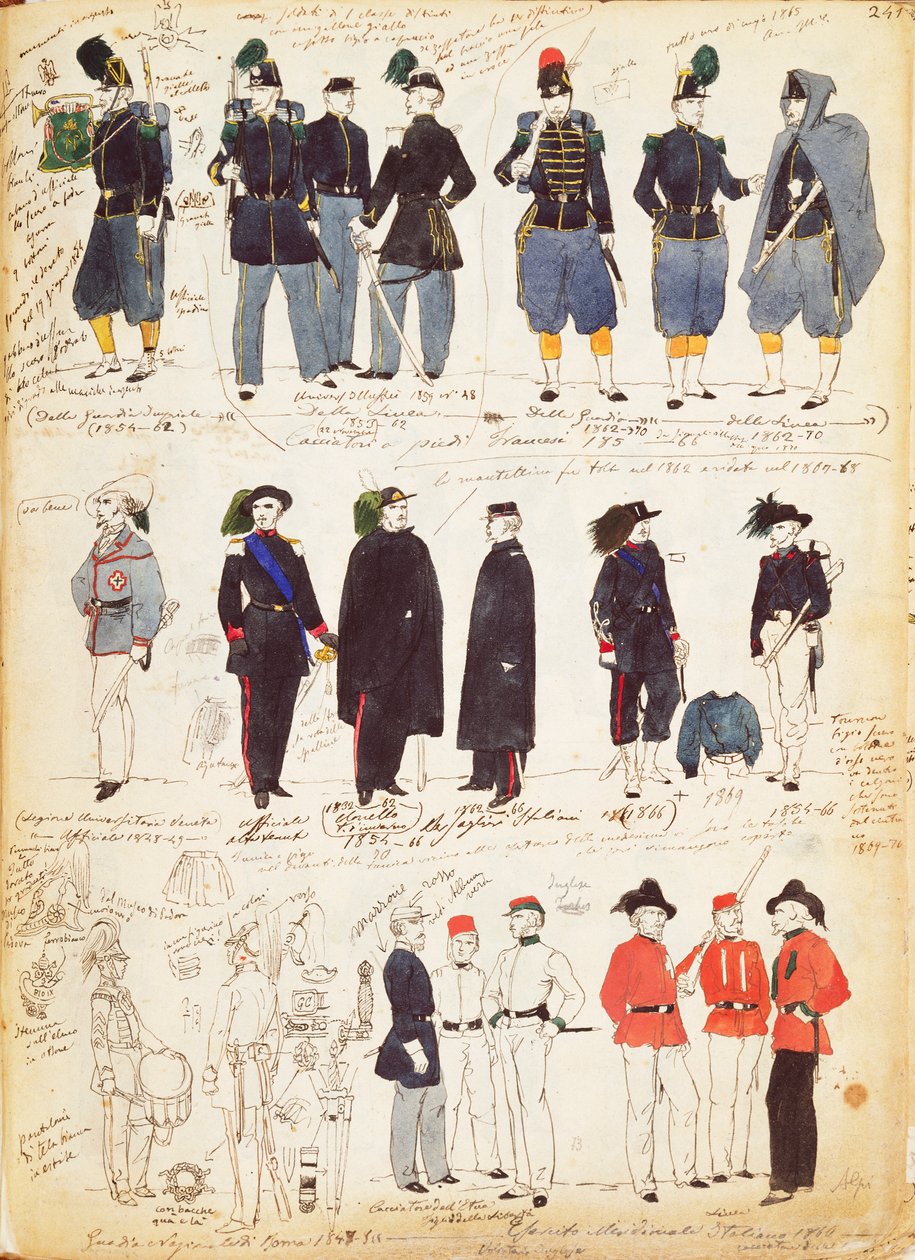 Olika italienska uniformer i vanlig användning mellan 1847 och 1870 av Quinto Cenni, färgskylt av Quinto Cenni