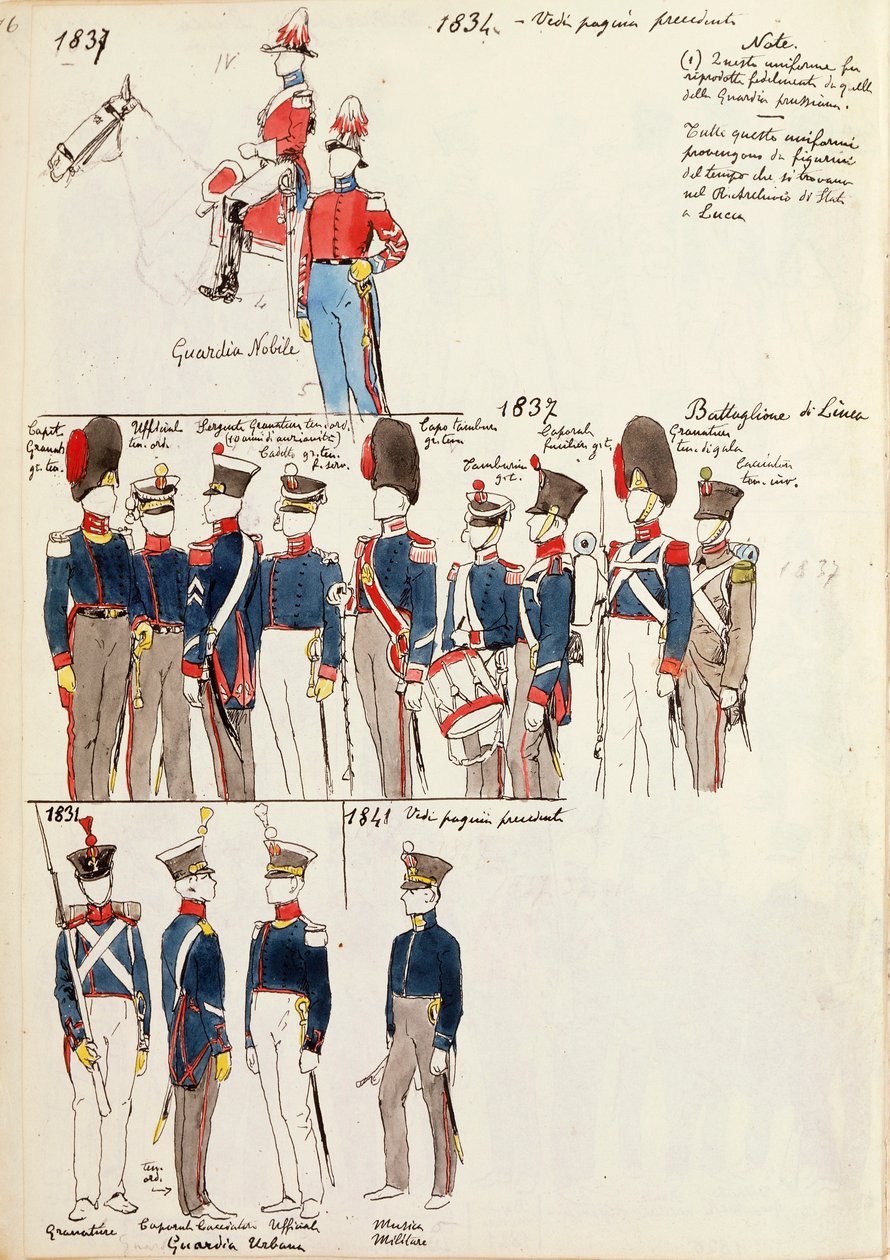 Olika uniformer, av Quinto Cenni, färgskylt, cirka 1834-1841 av Quinto Cenni