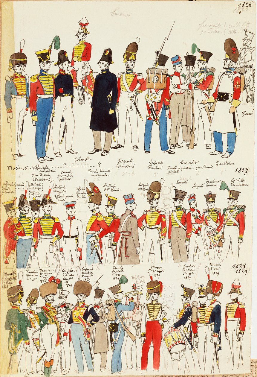 Olika uniformer från 1826 till 1829. Färgskylt av Cenni Quinto av Quinto Cenni