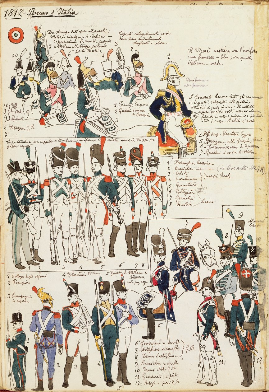 Olika uniformer från kungariket Italien från 1807. Färgskylt av Cenni Quinto av Quinto Cenni