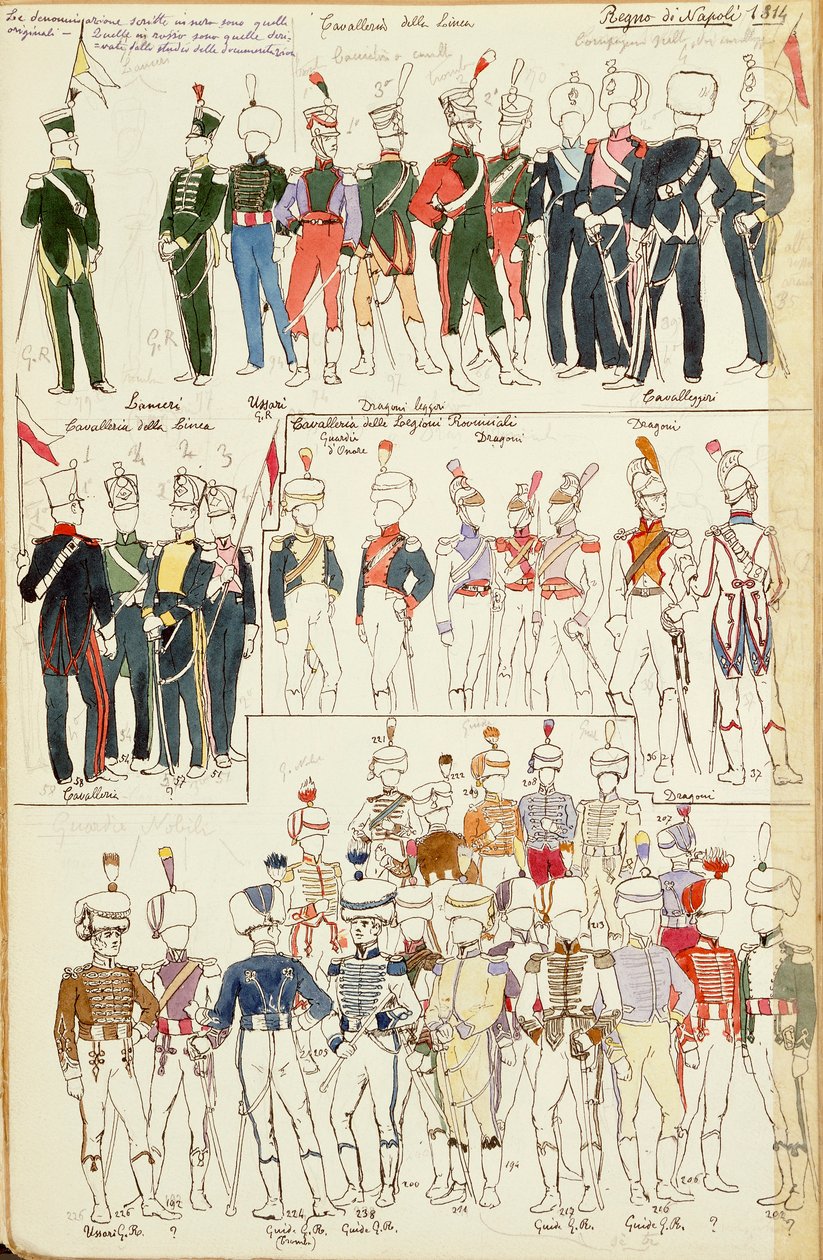 Olika uniformer från kungariket Neapel från 1814. Färgskylt av Cenni Quinto av Quinto Cenni