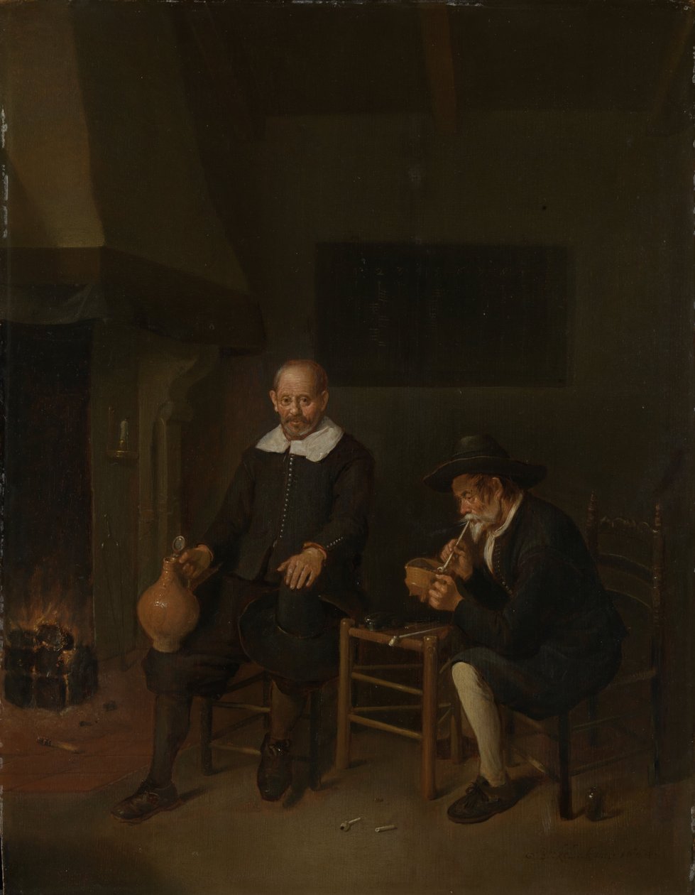 Interior with a smoking and a drinking man by a fire av Quiringh Van Brekelenkam