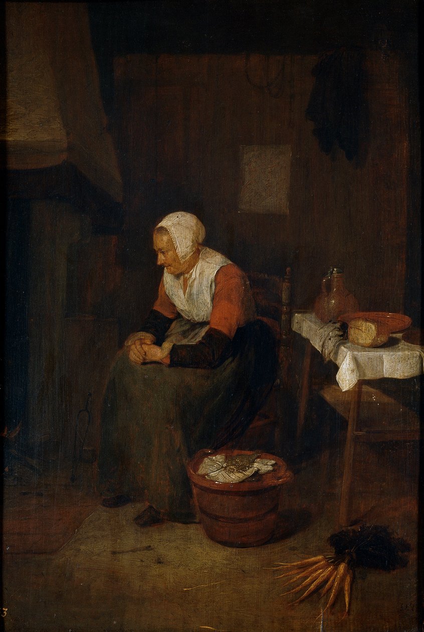 Anciana junto a una chimenea av Quirijn van Brekelenkam