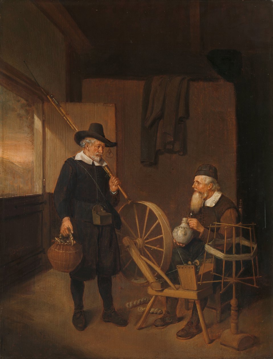 Interiör med Fisherman and Man bredvid en spole och spole av Quiringh Gerritsz. van Brekelenkam