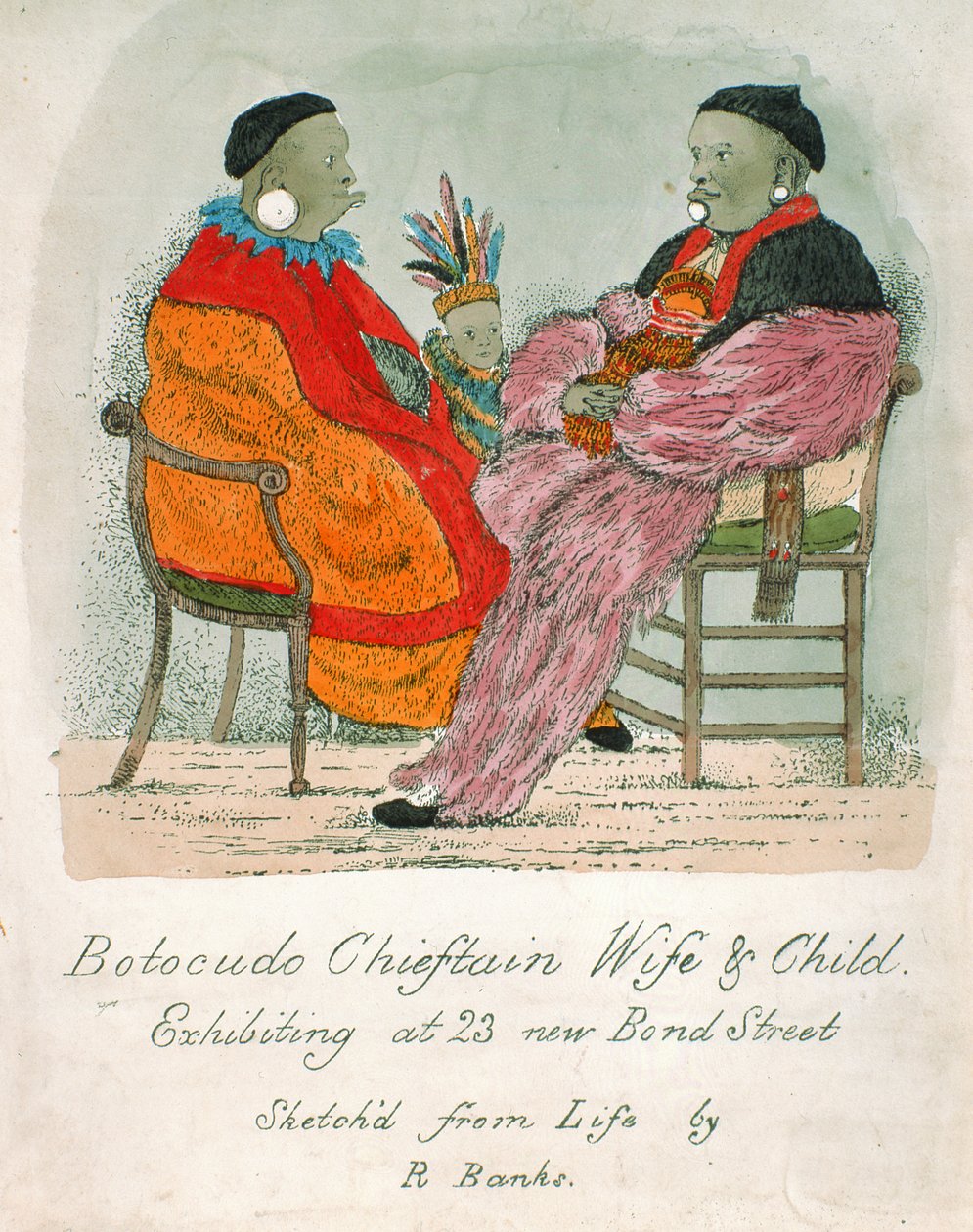 Botocudo Chieftain Wife and Child ställer ut på 23 New Bond Street (handfärgad litografi) av R. Banks