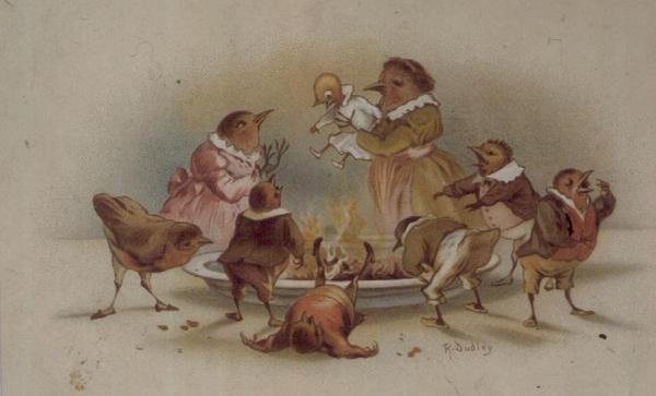Fågelfamilj, viktorianskt julkort av R. Dudley