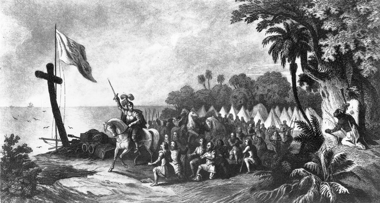 Landing i Tampa Bay: De Soto och hans anhängare svär att segra eller dö, graverad av John Sartain (mezzotint) av R. Telfer