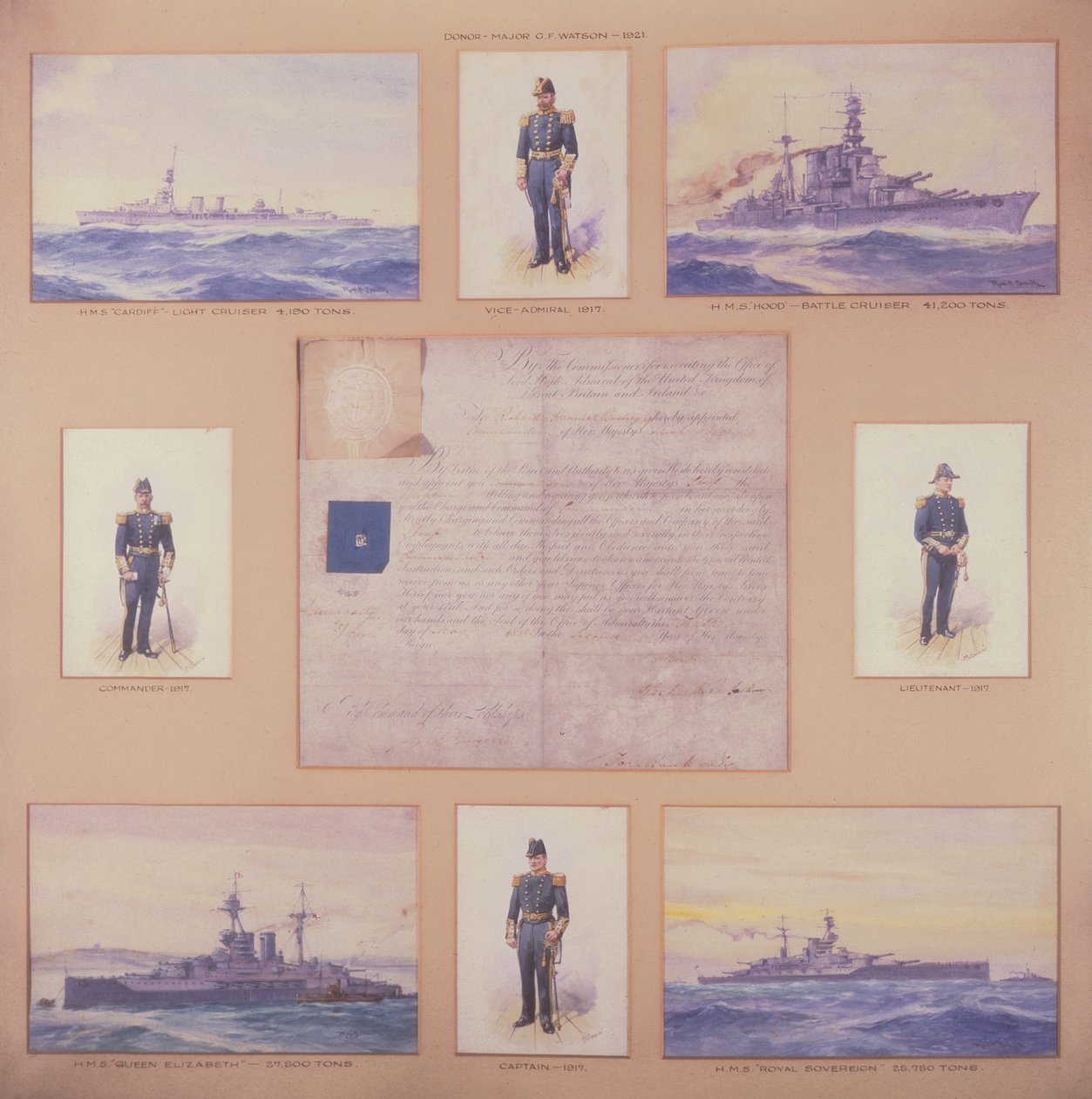 H.M.S. Cardiff, H.M.S. Hood, H.M.S. Drottning Elizabeth, H.M.S. Royal Sovereign och officerare i sjöuniformer av R. and Smith Simkin
