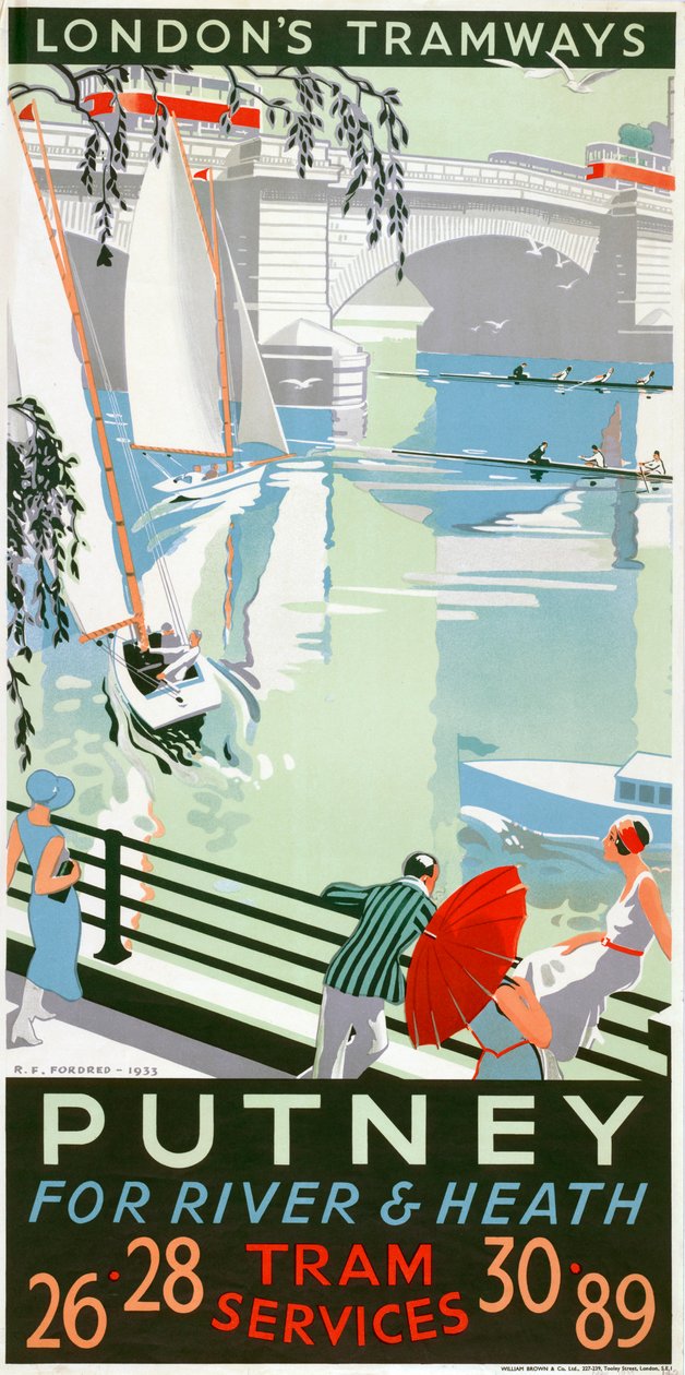 "Putney, for River and Heath", London County Council LCC Tramways affisch, 1932 av RF Fordred