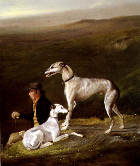 Old Sandy, tränare för Alexander Graham, med Two Greyhounds in a Highland Landscape (olja på duk) av R.G. Brown