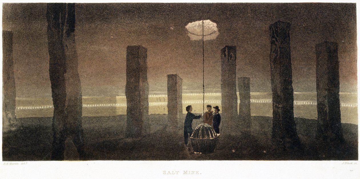Saltgruva, Cheshire, graverad av J. Bluck, 1814 (färgad akvatint) av R.H. after Marten