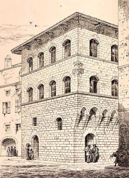 1300-talets hus, Florens, Italien, från "Exempel på den kommunala, kommersiella och gatuarkitekturen i Italien och Frankrike från 1100- till 1400-talet", publ. av W.Mackenzie av R. (after) Anderson