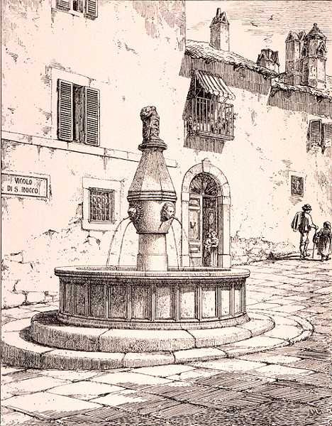 Fontän av Vicolo di S. Rocco, Viterbo, Italien, från 