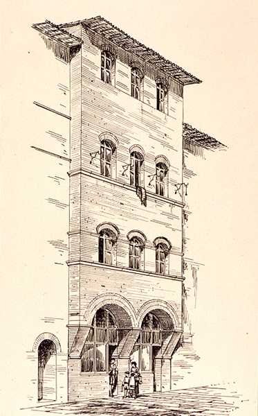 Vy av ett tegelhus, Montepulciano, Italien, från "Examples of the Municipal, Commercial, and Street Architecture of France and Italy from the 12th to the 15th Century", publicerad av W.Mackenzie. av R. (after) Anderson