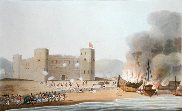 Attacken på Luftfortet, den 27 november 1809, från "Sexton utsikter över platser i Persiska viken, tagna under åren 1809-10, illustrerande av de styrkor som anställdes på expeditionen skickad från Bombay", graverad av I. Clark, publicerad 1 av R. (after) Temple