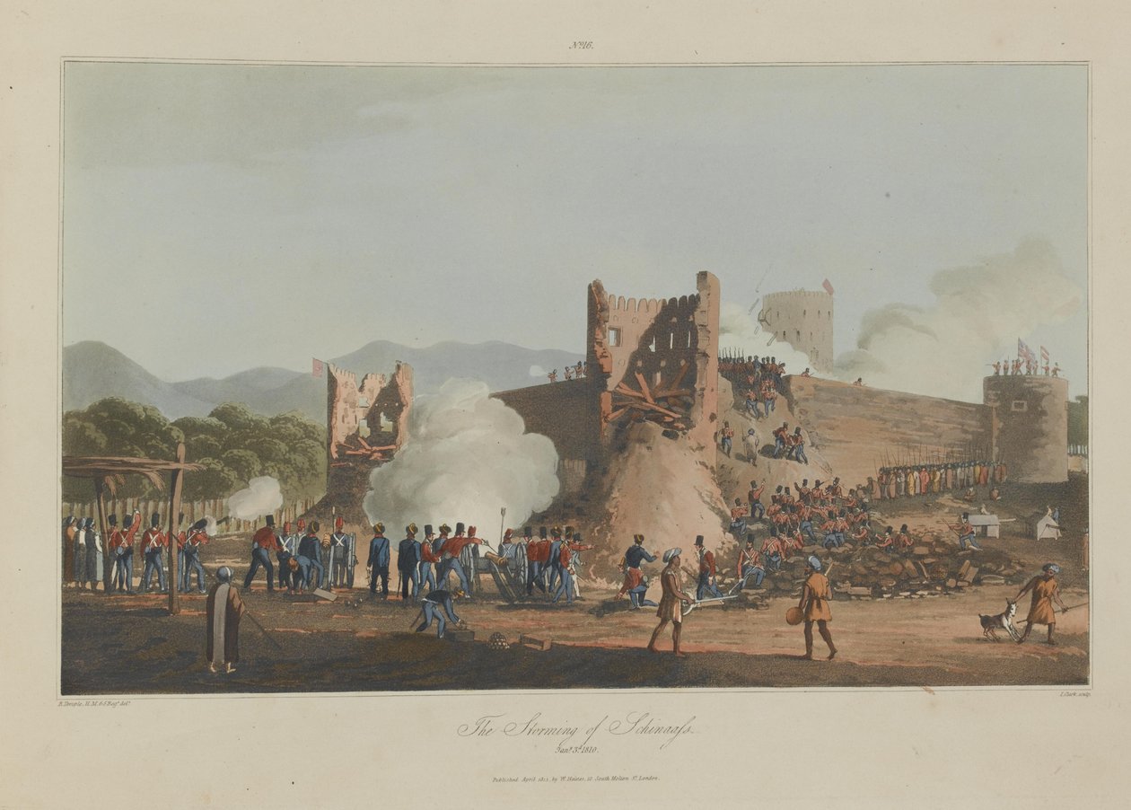 Stormen av Schinaass, 3 januari 1810, graverad av I. Clark av R. (after) Temple