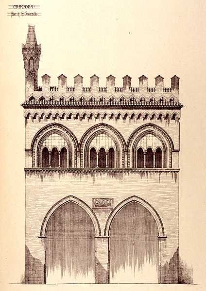 Juriskonsulternas palats, Cremona, Italien, byggt 1292, från "Examples of the Municipal, Commercial, and Street Architecture of France and Italy from the 12th to the 15th Century" (exempel på kommun-, handels- och gatuarkitektur i Frankrike och Italien frå av R. Anderson