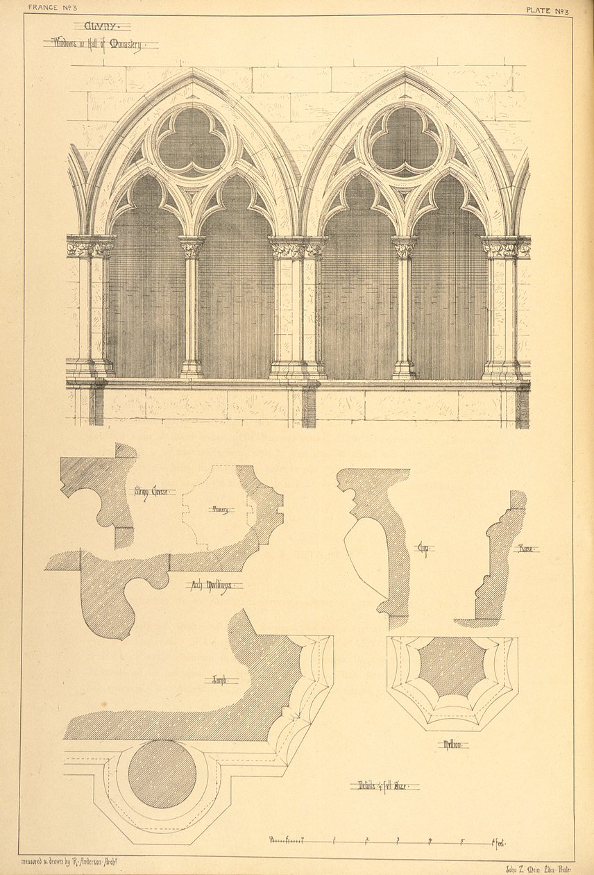 Fönster i klostersalen i Cluny, från "Examples of the Municipal, Commercial, and Street Architecture of France and Italy from the 12th to the 15th Century", 1841. av R. Anderson