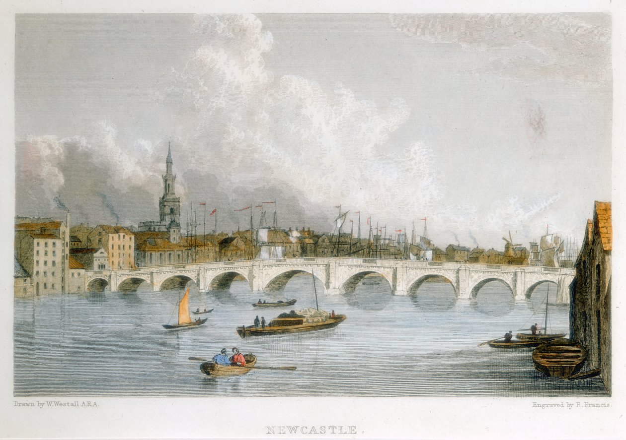 Sten välvd bro över Tyne vid Newcastle-upon-Tyne, England, c1830. av R Francis