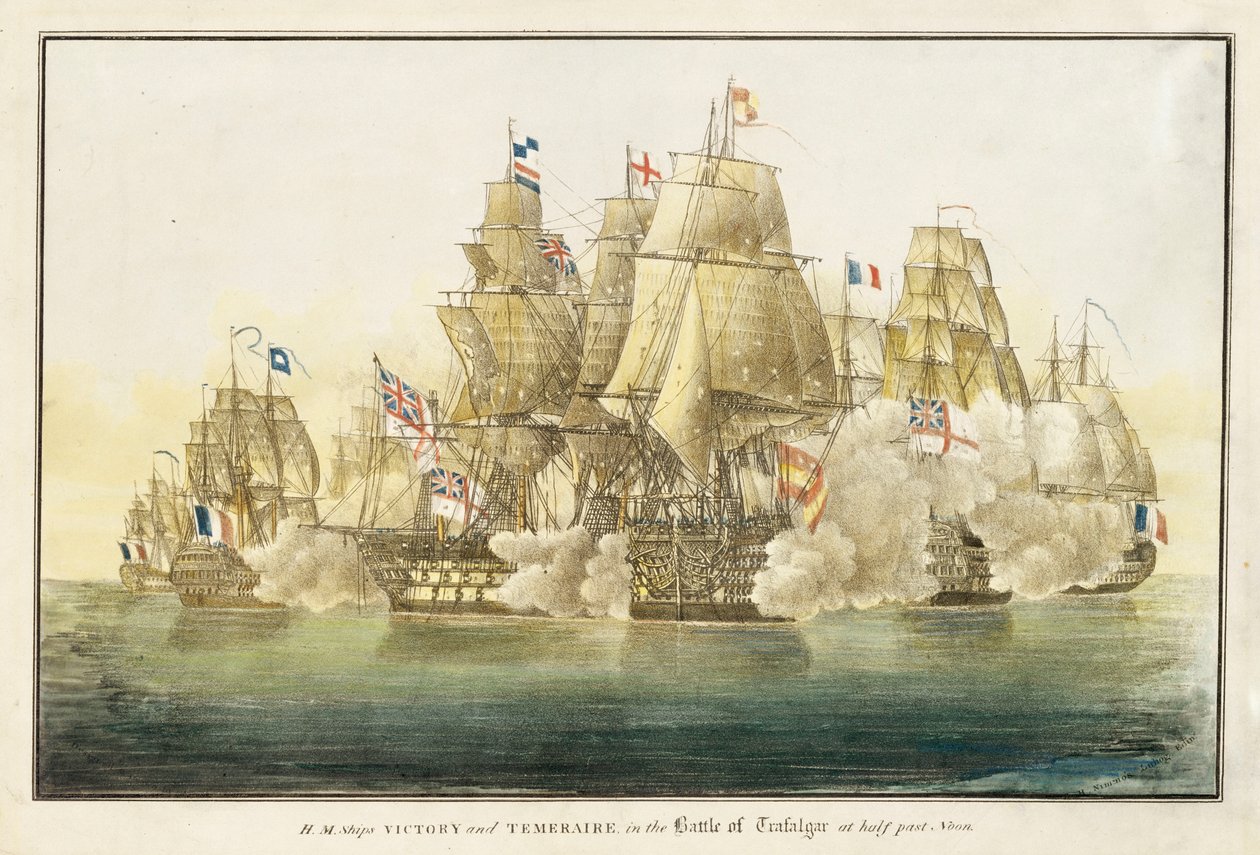 HMS-fartygen "Victory" och "Temeraire" i slaget vid Trafalgar klockan halv tolv (litografi) av R. H. Nimmo