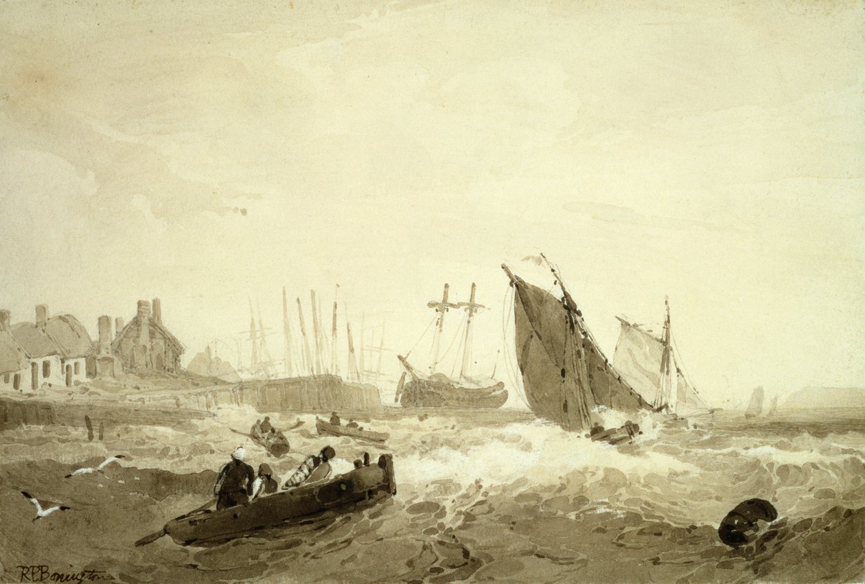 Frakt av St-Valery-Sur-Somme, ca 1821 (brun tvätt över grafit) av R. P. Bonnington