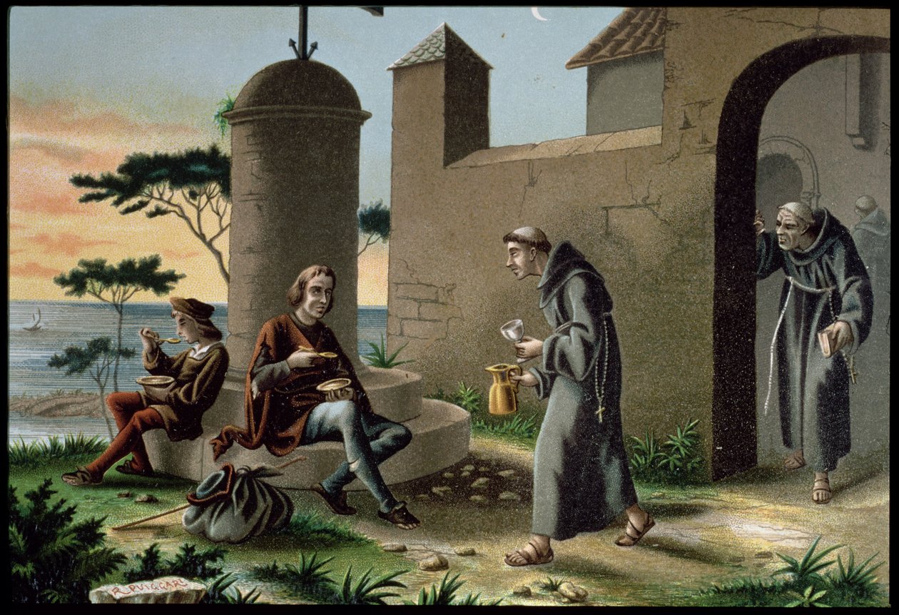 Ankomsten av Christopher Columbus (1451-1506) med sin son till klostret la Rabida, från The Discovery of America, publicerad i Barcelona 1878 (färg litho) av R. Puiggari