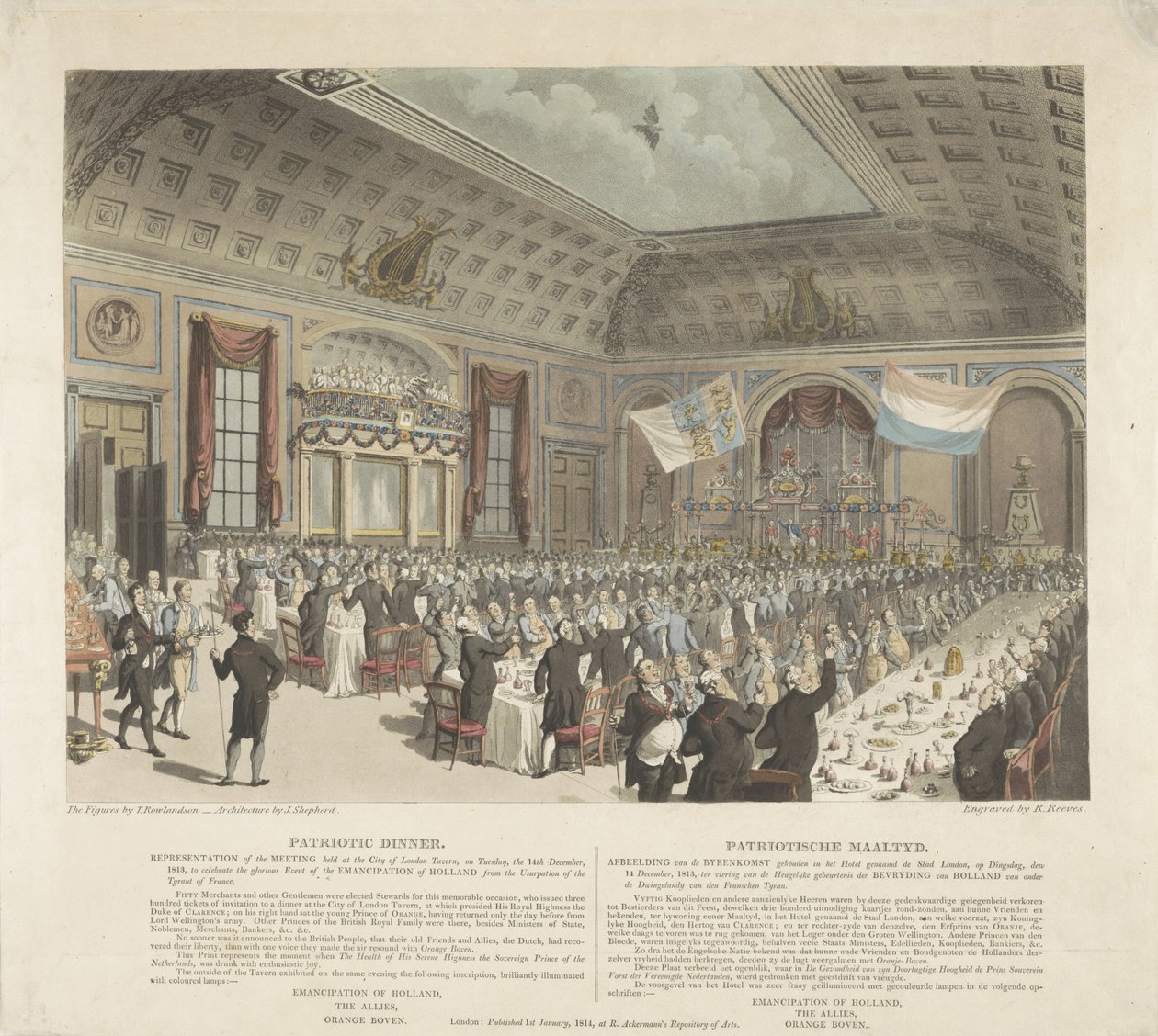Patriotisk måltid i London, 1813 Patriotisk middag. Representation av mötet som hölls på City of London Tavern, tisdagen den 14 december 1813 (...) / Patriotische Mealtyd. Bild på mötet som hölls på hotellet som heter City L av R. Reeves