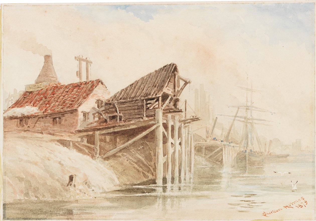 Old Coal Shipping Staithes nära Wallsend (penna & wc på papper klistrat på kort) av R. Sheriton Holmes