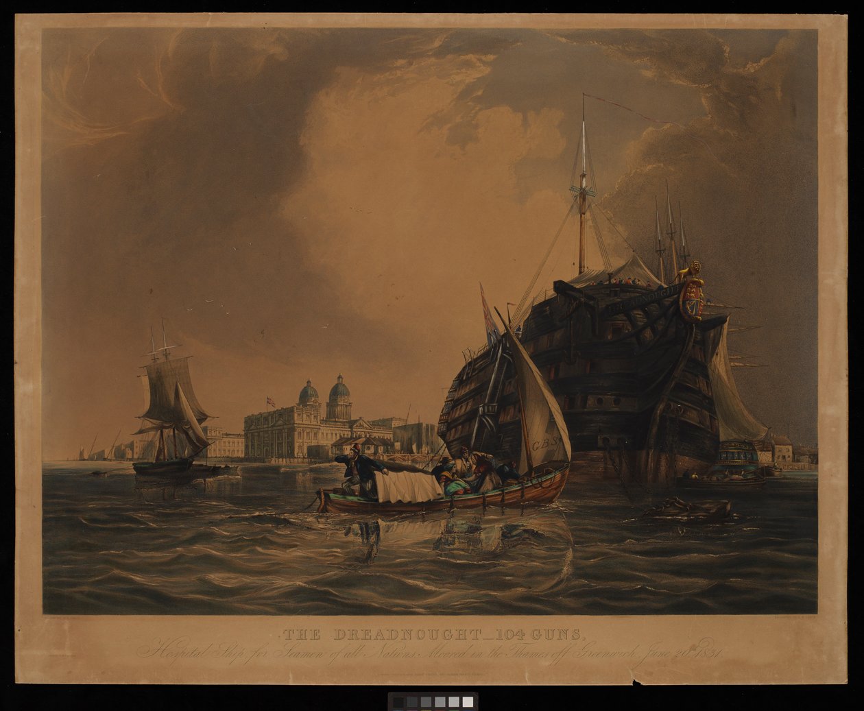 Dreadnought 104 kanoner, sjukhusfartyg för alla nationers sjömän, förtöjd i Themsen utanför Greenwich, 20 juni 1831 av R. W. Price