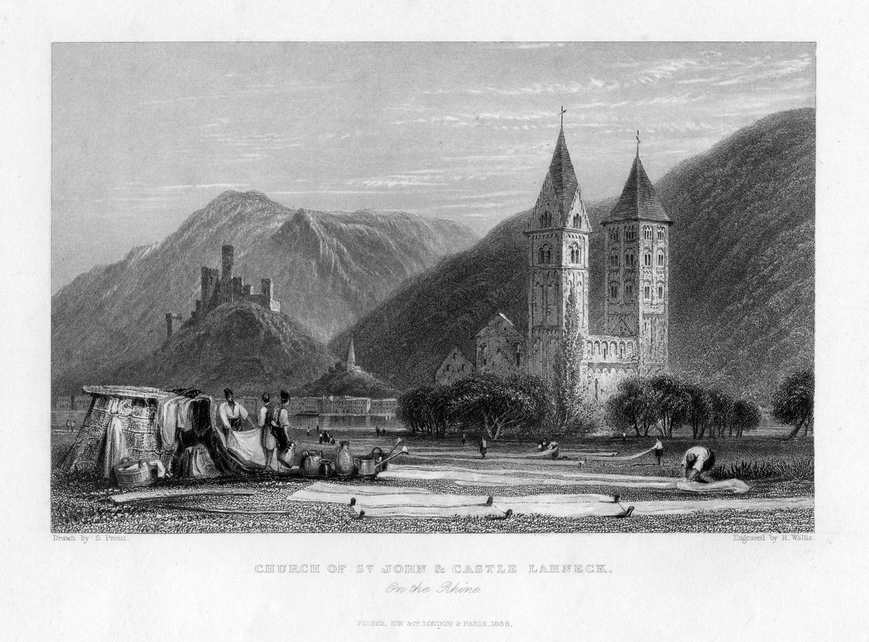 Johanneskyrkan och slottet Lahneck vid Rhen, 1838 av R. Wallis