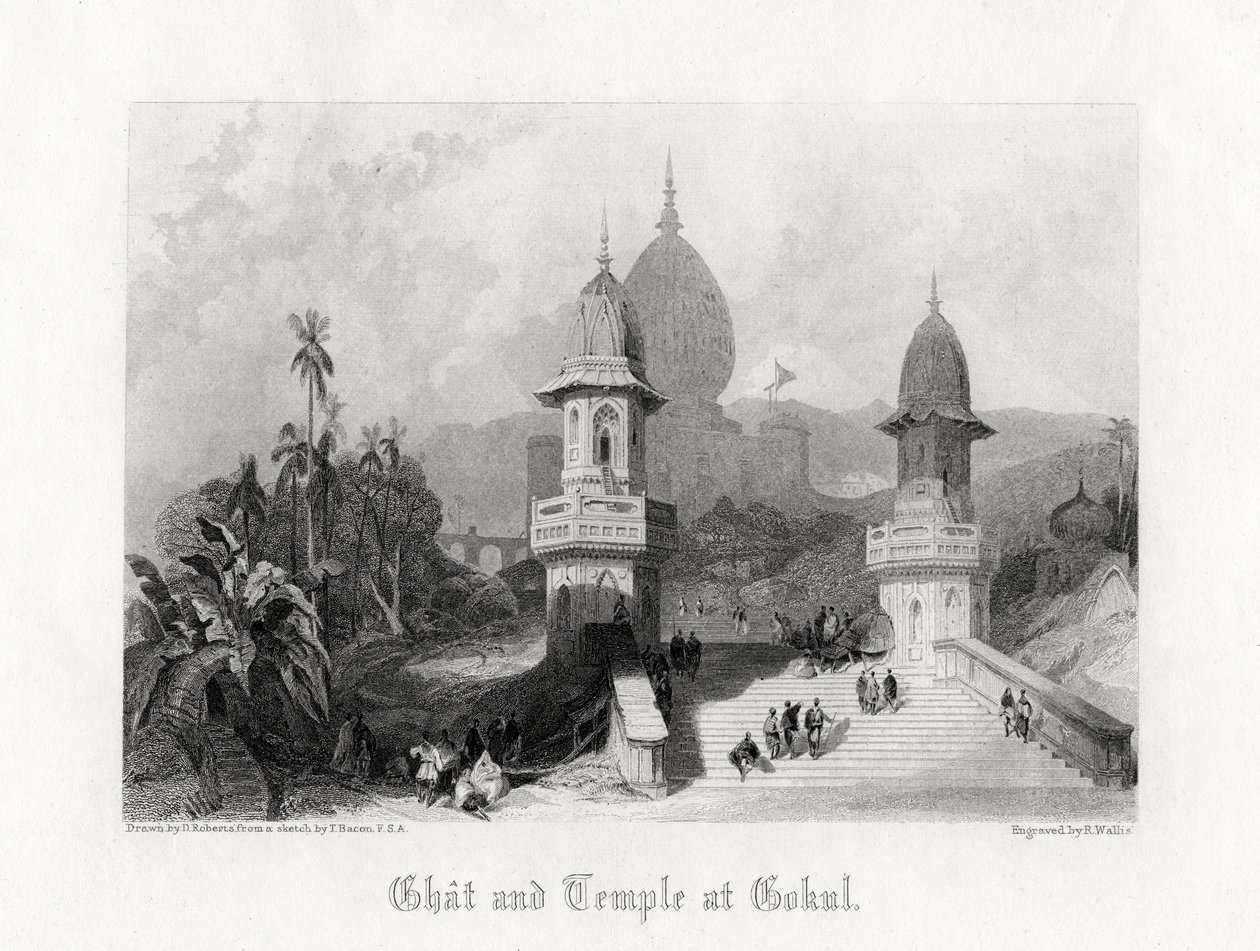 Ghat och templet i Gokul, Indien, c1838. av R. Wallis