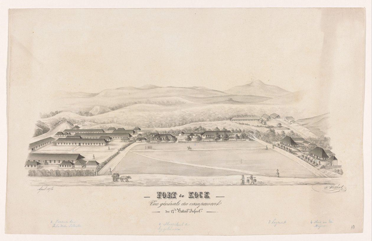 Utsikt över Fort de Kock Fort de Kock / Vue générale du campemente / du 17de Batail.on Infant.rie (titel på objekt) av R. Walthert (signed by artist)