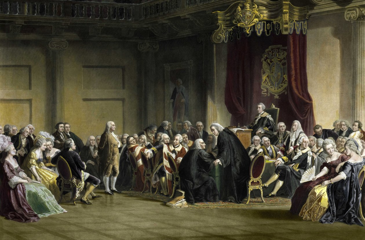Benjamin Franklin (1706-1790), amerikansk filosof, fysiker och statsman inför Lords of the Privy Council, Whitehall Chapel, London av R. Whitechurch
