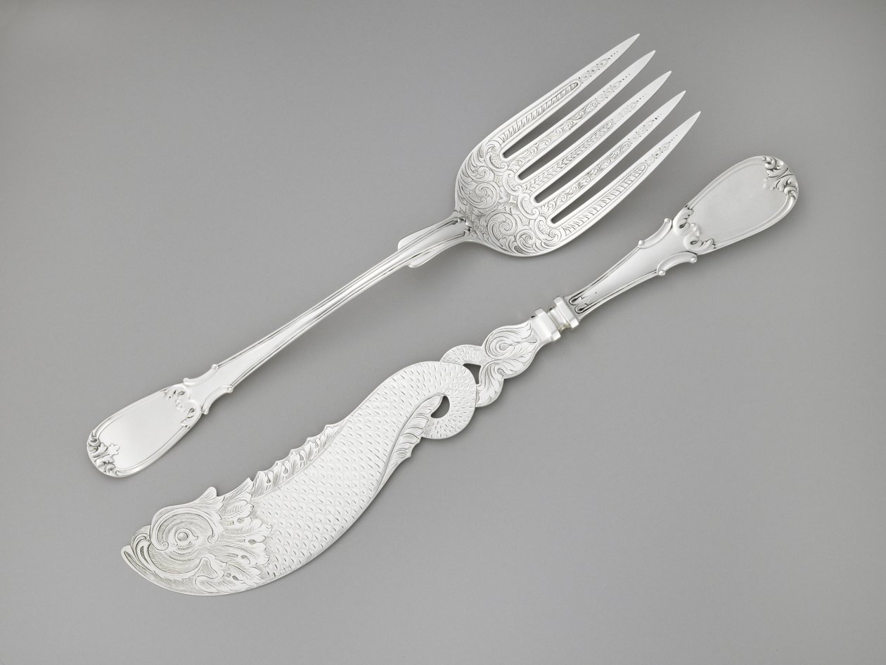 Fiskgaffel och kniv, ca. 1835-1845 (silver) av R. and W. Wilson