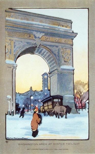 Washington Square Arch at Winter Twilight, vykort, c.1914 (färg litho) av Rachael Robinson (after) Elmer
