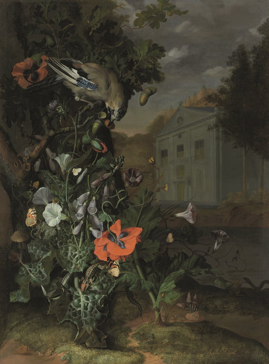 Skogsplan med en klassisk fasad bortom (olja på duk) av Rachel Ruysch