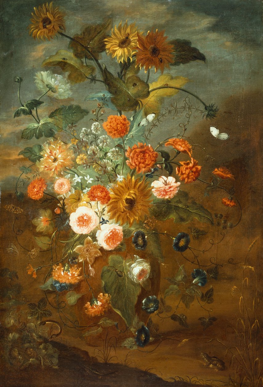 Rosor, nejlikor, solrosor i en vas med fjärilar, grodor, insekter (olja på duk) av Rachel Ruysch