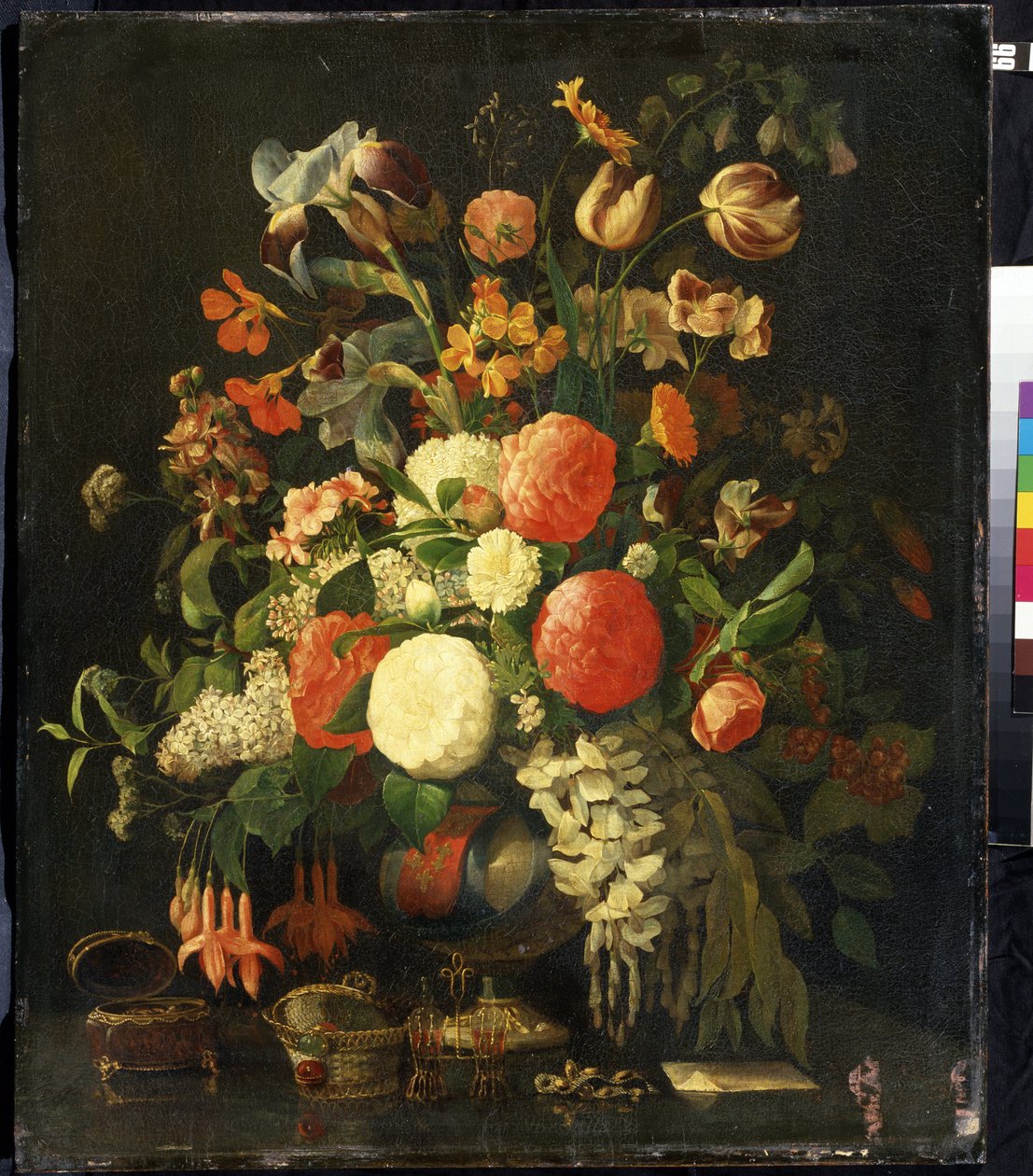 ""Bukett med blommor"" (Blommor) På bordet står smyckeskrin. Målning av Rachel Ruysch (1664-1750) Mikhail Kroshitsky Art Museum från 1700-talet, Sevastopol (Sevastopol) Ukraina av Rachel Ruysh