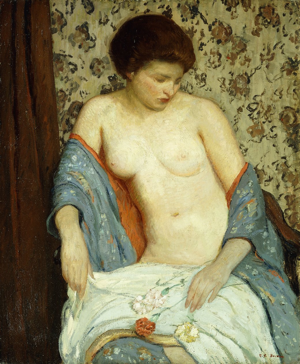 Naken med blå kimono (olja på duk) av Rae Sloan Bredin