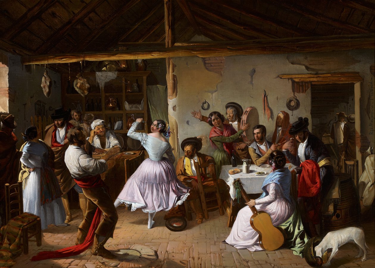 Dance at a Country Inn - Benjumea, Rafael (ca 1825-c. 1887) - 1850 - Olja på duk - 46x65 - Carmen Thyssen Museum, Malaga av Rafael Benjumea