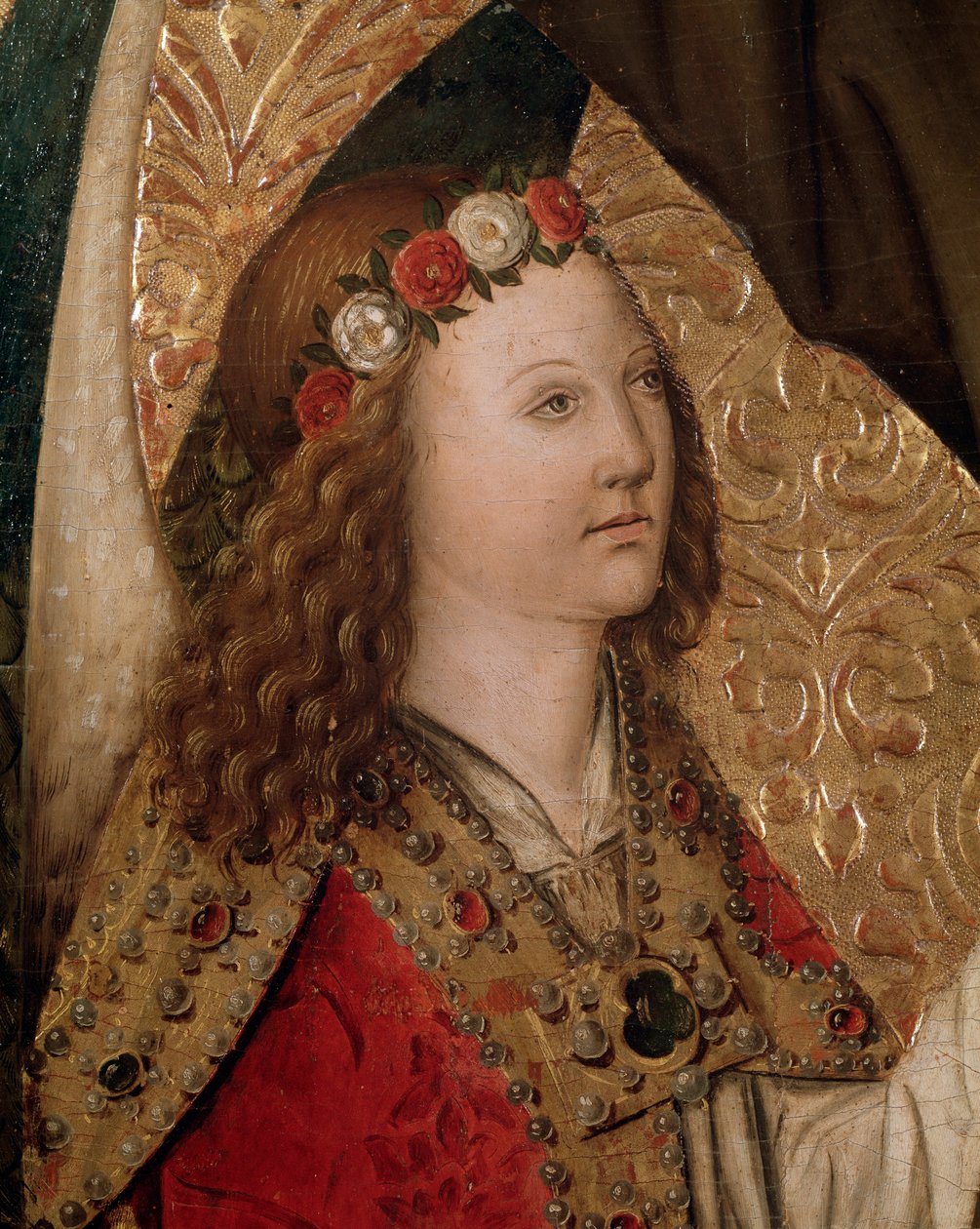En ängel, detalj från St Bernardin från Sienas altartavla (olja på panel av Rafael & Figuera Joan (active c.1454 1477) Tomas