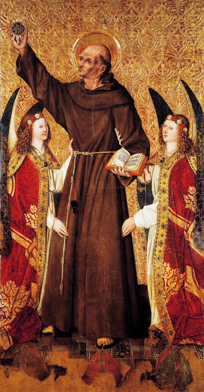 S:t Bernard och änglarna, mittpanel av St Bernards altartavla av Rafael Tomas (aktiv 1455-1479), predella av Joan Figuera (aktiv från 1454-död 1477 eller 1479), tempera på panel, 398, 9x253 cm av Rafael & Figuera Joan (active c.1454 1477) Tomas