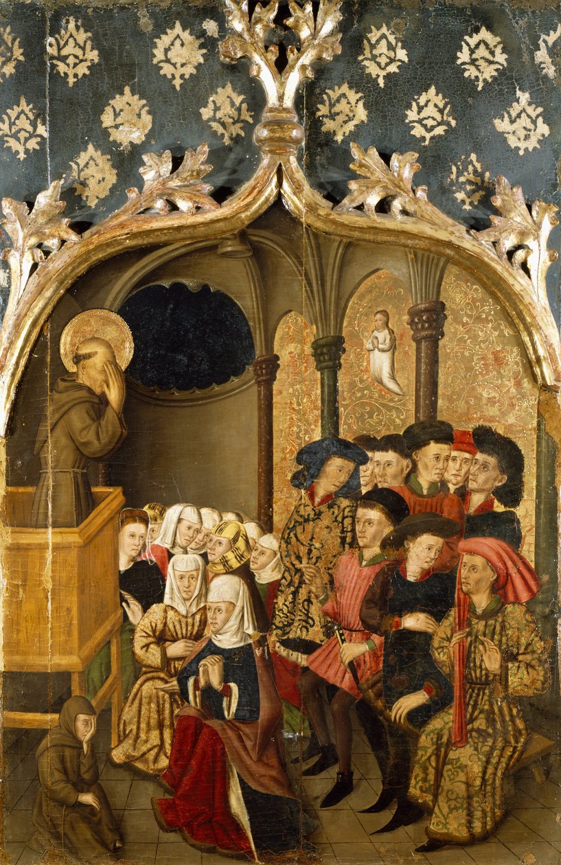 Vision under predikan, detaljer från vänsterpanelen i St Bernand Altarpiece av Rafael Tomas (Active 1455-1479), Predella av Joan Figuera (Active från 1454-Died 1477 eller 1479), tempera på panel, 398, 9x253 cm av Rafael & Figuera Joan (active c.1454 1477) Tomas