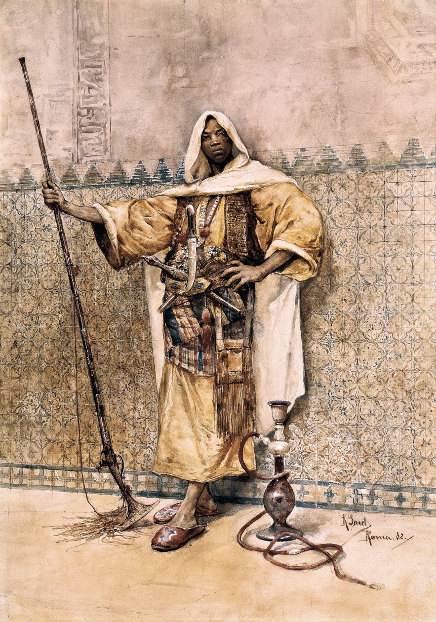 Orientalism: "" Porträtt av en arabisk man, soldatvapen, han bär knivar vid bältet "" Akvarell av Rafael Senet y Perez (1856-1926) 1881 Sevilla. Museum of Fine Arts. av Rafael Senet