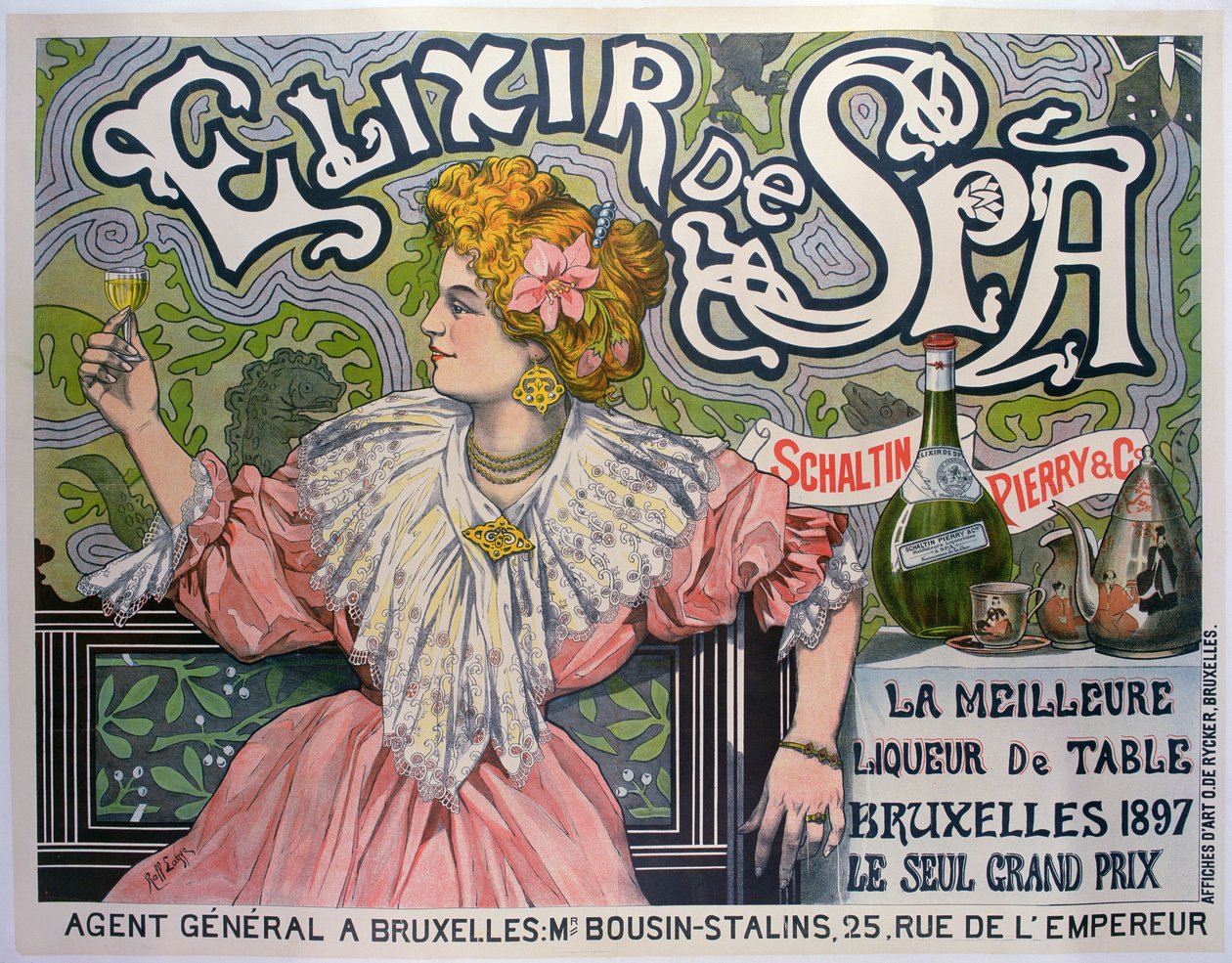 Affisch för belgisk likör "Elixir de Spa". av Raff (1861 1952)