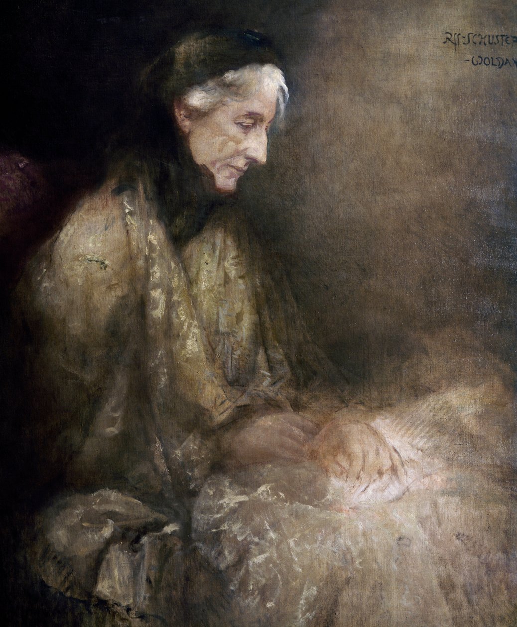 Porträtt av Cosima Wagner (1838 - 1930), dotter till Franz Liszt, fru till Richard Wagner (olja på duk) av Raffael Woldan Schuster