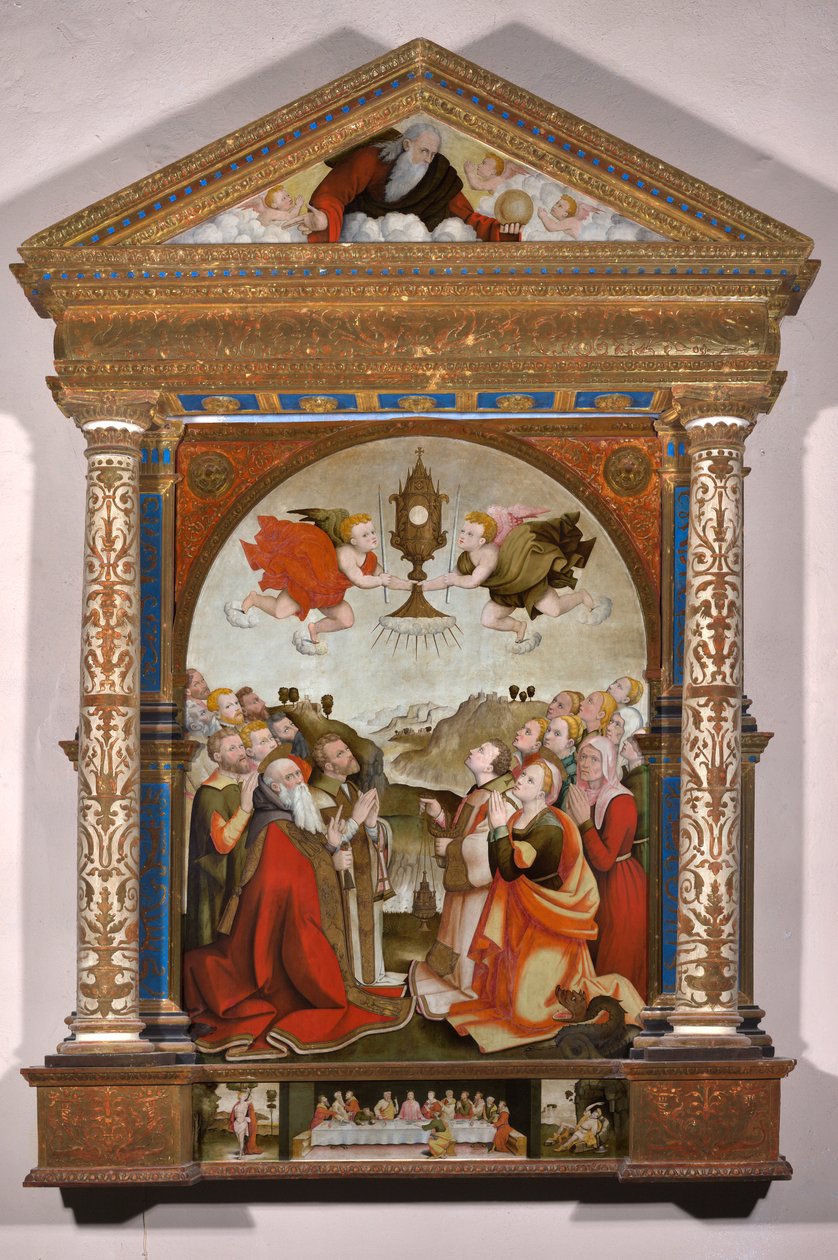 Altartavla med tillbedjan av det Heliga Sakramentet, i predella: Den sista måltiden, Sankt Sebastian och Sankt Roch av Raffaele De (fl.1514 1573) Pancalino