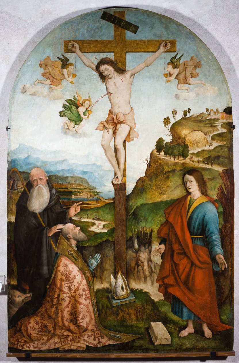 Korsfästelse, ca 1528 (tempera på pannå) av Raffaele De (fl.1514 1573) Pancalino