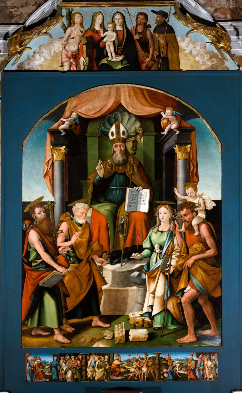 Sankt Blaise tronande mellan heliga Petrus, Paulus, Katarina av Alexandria och Kristoffer, central altartavla av Raffaele De (fl.1514 1573) Pancalino