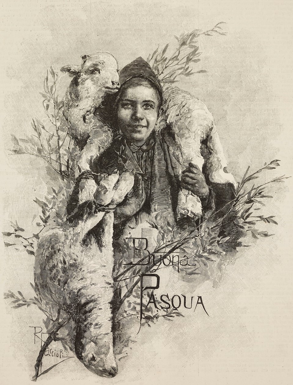 Glad påsk, ung man med lamm på axlarna, gravyr från målning av Raffaele Faccioli (1836-1914), från L